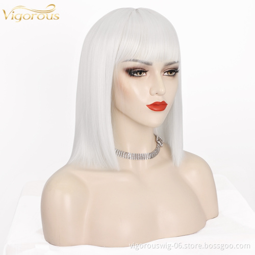 Women's Silve Color Short Bob Wig with Hair Bang Silky Synthetic None Lace Hair Wig Heat Resistant Short Straight Wave Wig